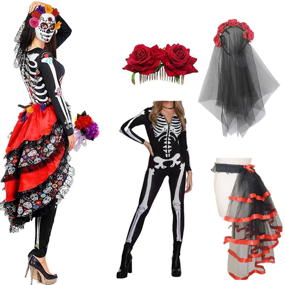 Day of the Dead costume set by Mcroons featuring colorful skeleton attire with face paint and festive accessories for celebrations