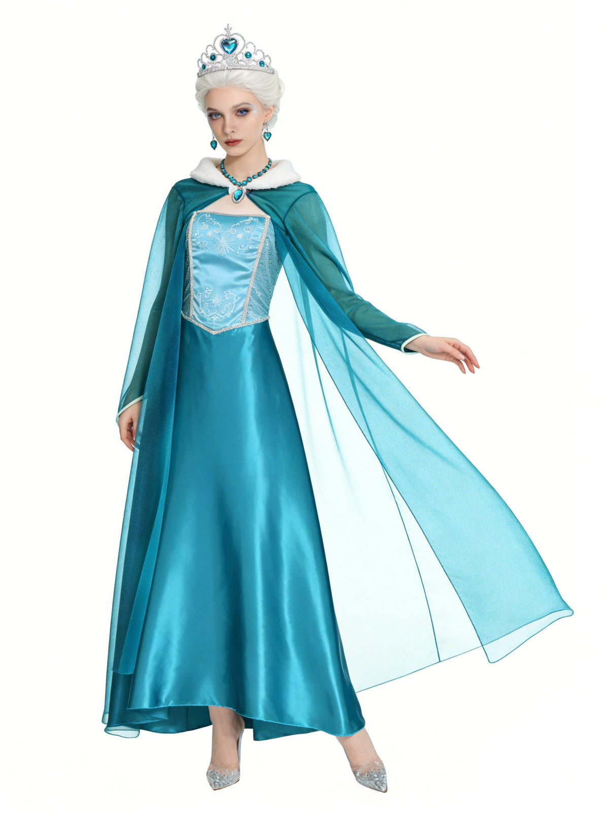Blue ball gown costume inspired by Ice Queen fantasy, featuring shimmering fabric and elegant design by MCROONS.