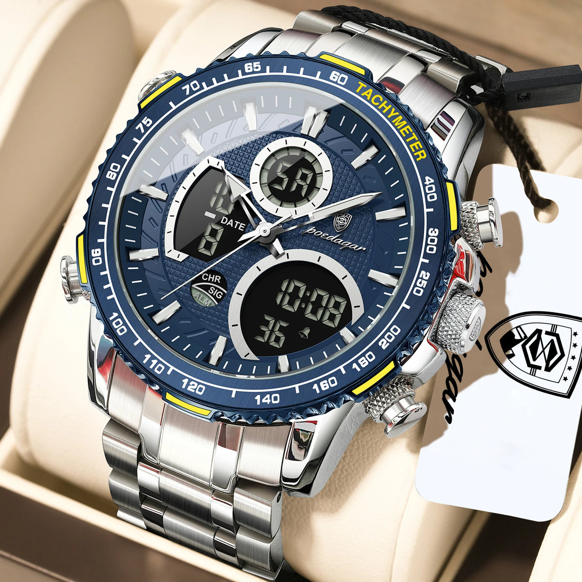 Poedagar E127 Men's Luxury Chronograph Quartz Watch – Stainless Steel Band, Waterproof, Luminous, Date