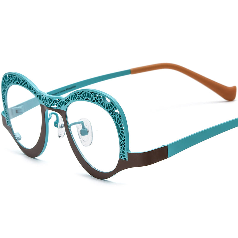 Matte Titanium Small Cat Eye Optical Glasses Hollow-Out - Matte Brown Blue - MCROONS
