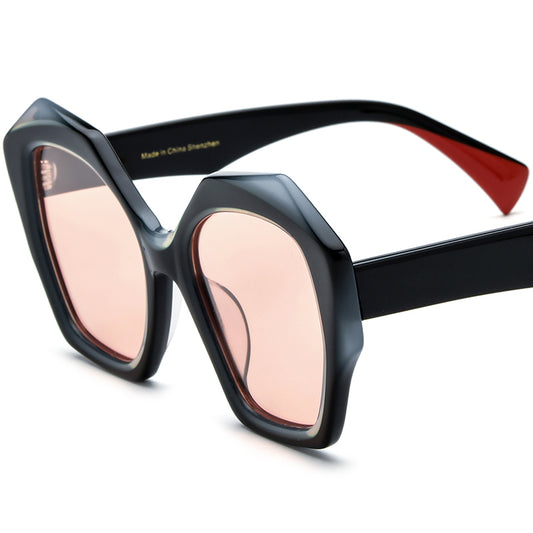 Oversized Cat Eye Acetate Polarized Sunglasses - Black Temple Pink Lens - MCROONS
