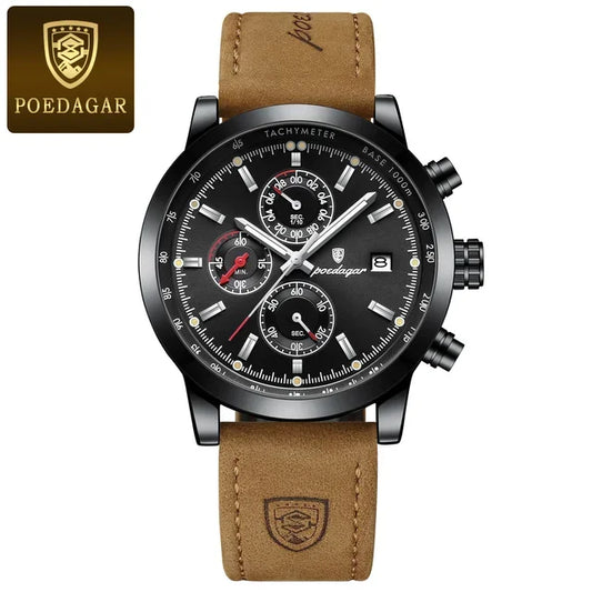Poedagar 932 Men's Luxury Chronograph Quartz Watch – Leather Strap, Waterproof, Luminous, Date