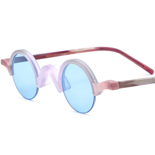 Vintage Small Round Acetate Half-Rim Sunglasses UV400 - Matte Purple Pink Blue Lens - MCROONS