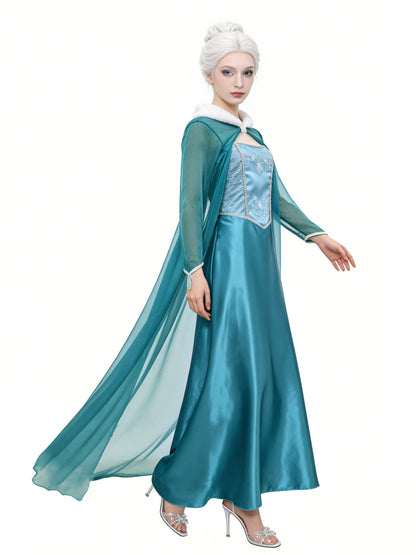 Blue ball gown Halloween costume by MCROONS featuring a flowing fantasy design, perfect for an Ice Queen or fairy costume look.