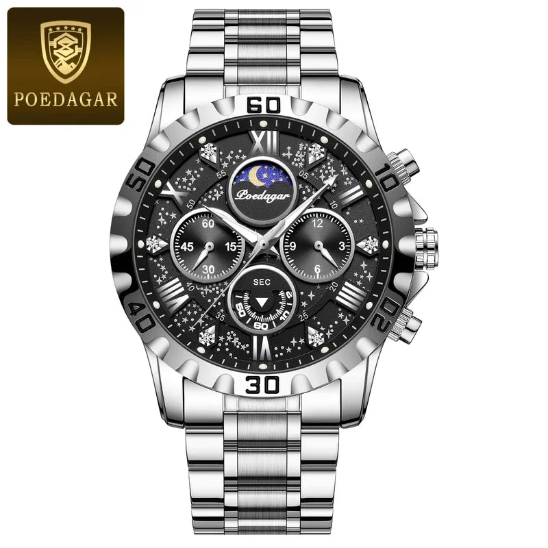 Poedagar 973 Men's Luxury Chronograph Quartz Watch – Stainless Steel Band, Waterproof, Luminous