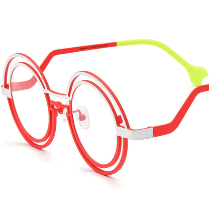 Matte Titanium Double-Ring Round Optical Glasses Frame - Matte White Red - MCROONS