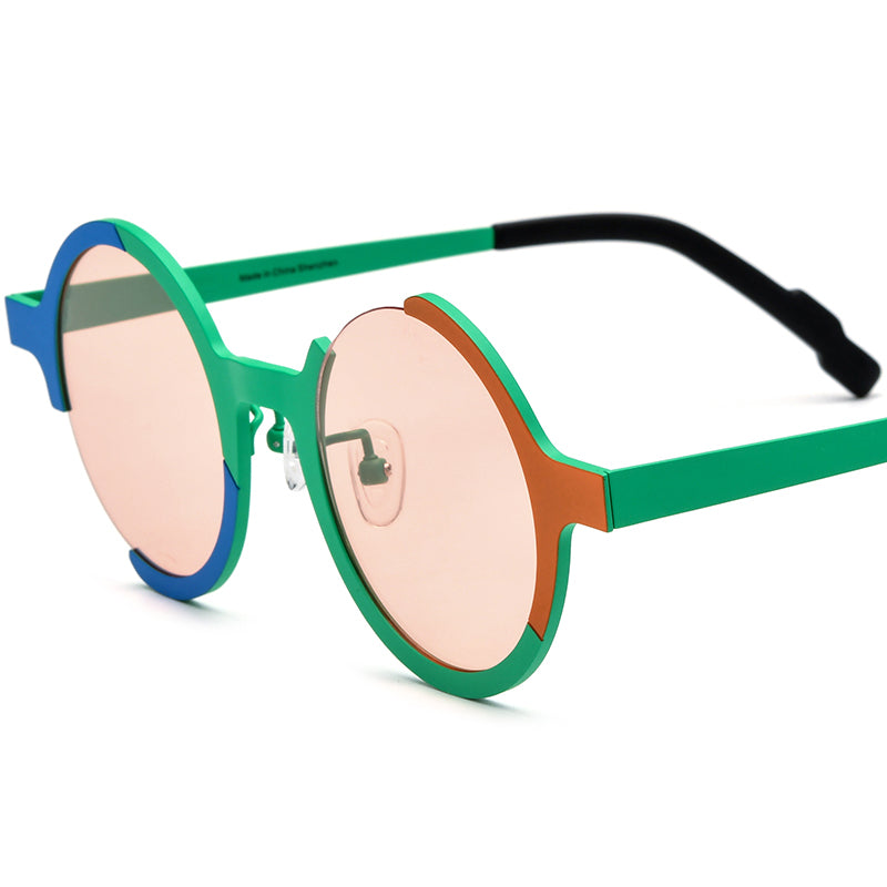 Colourful Titanium Round Polarised Sunglasses - Light Green Frame Pink Lens - MCROONS