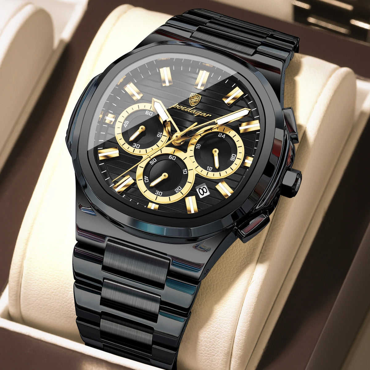 Poedagar 834 Men's Luxury Chronograph Quartz Watch – Stainless Steel Band, Waterproof, Luminous, Date