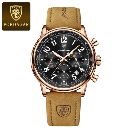 Poedagar 808 Men's Luxury Chronograph Quartz Watch – Leather Strap, Waterproof, Luminous, Date