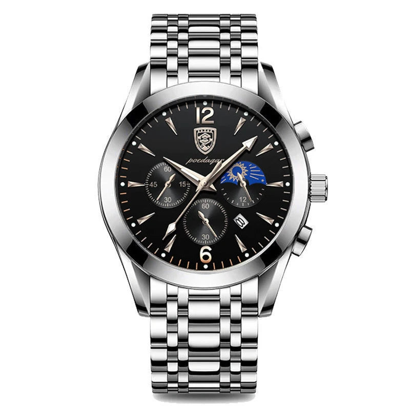 Poedagar 8298 Men's Sport Chronograph Quartz Watch – Leather Strap, Waterproof, Luminous, Date
