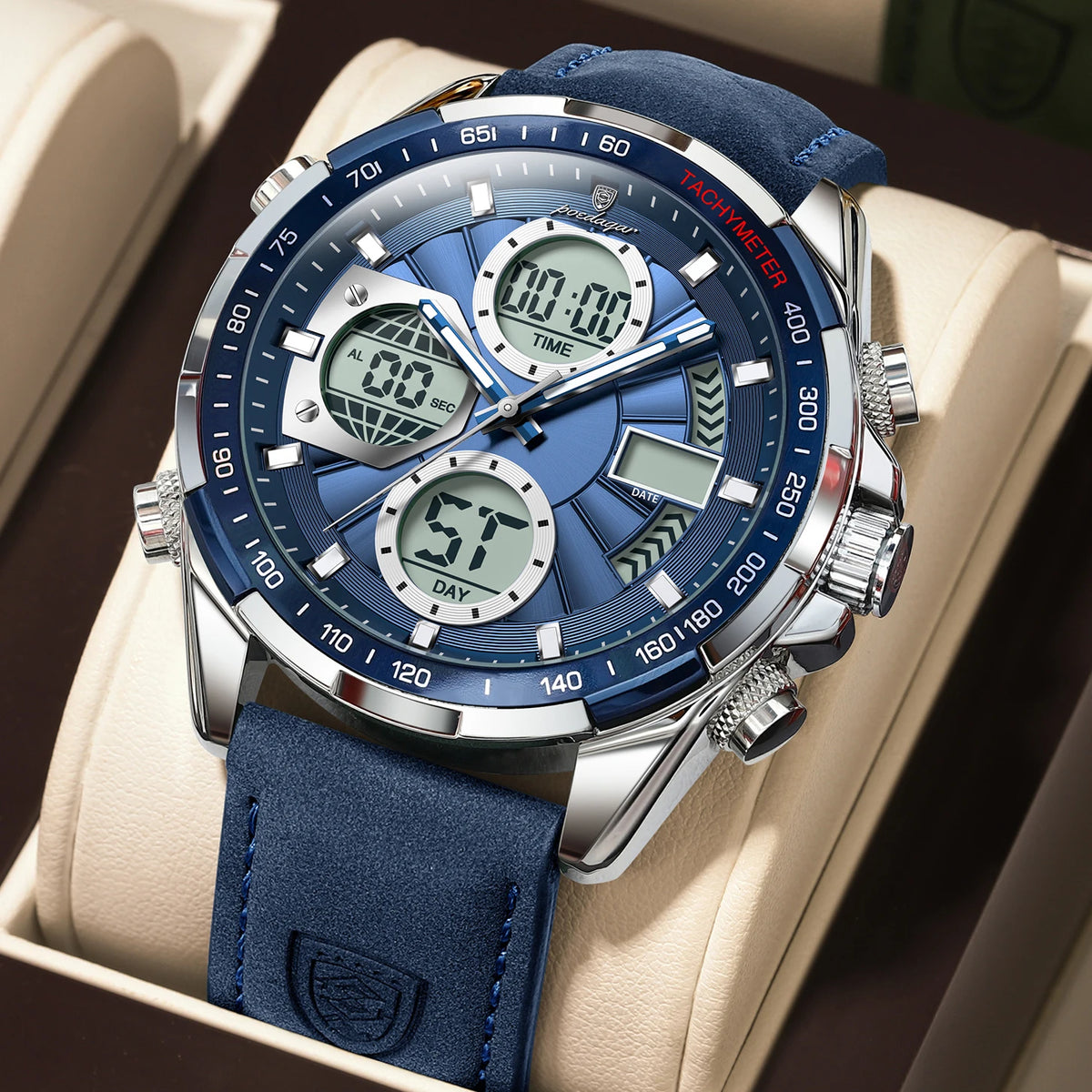 Poedagar E108 Men's Luxury Chronograph Quartz Watch – Leather Strap, Waterproof, Luminous, Date
