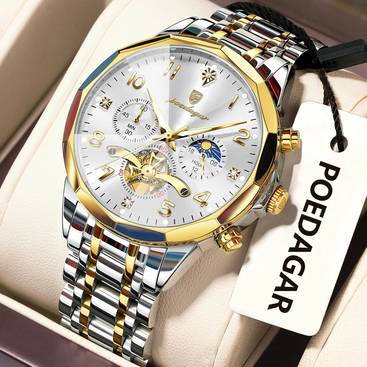 Poedagar 939 Men's Luxury Chronograph Quartz Watch – Stainless Steel Band, Waterproof, Luminous