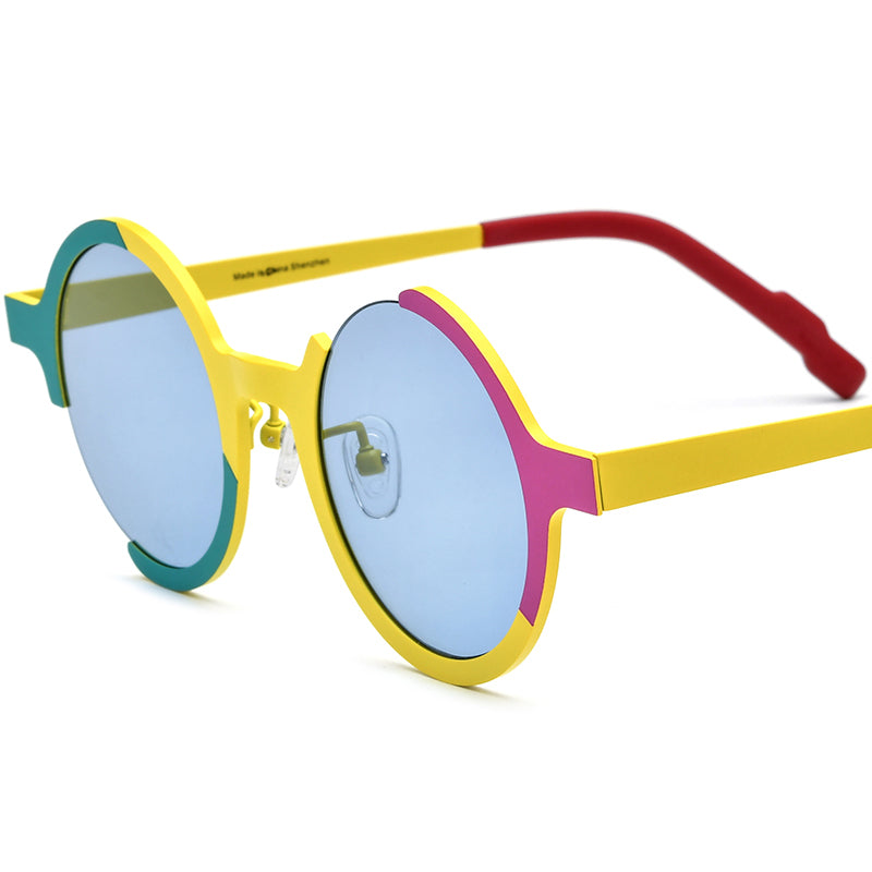 Colourful Titanium Semi-Rimless Round Polarised Sunglasses - Yellow Blue Lens - MCROONS