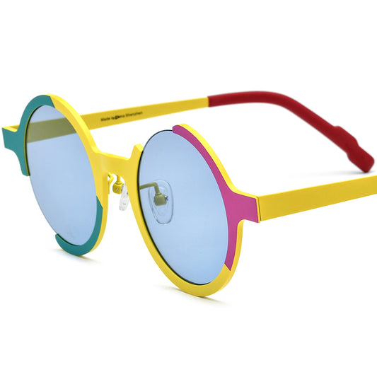Colourful Titanium Semi-Rimless Round Polarised Sunglasses - Yellow Blue Lens - MCROONS