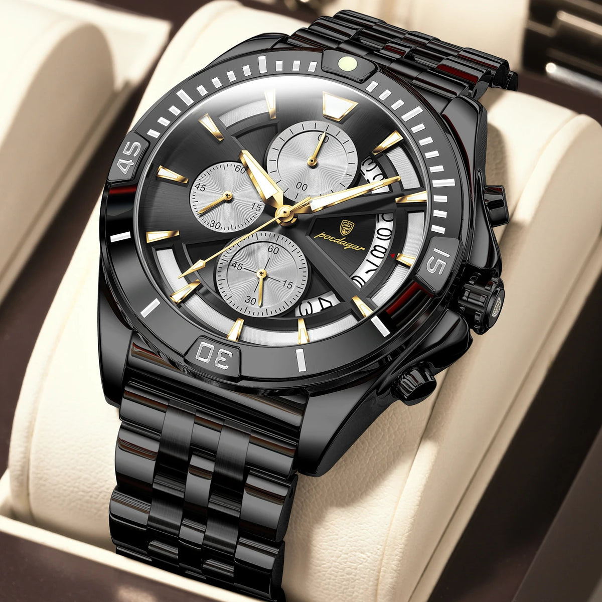 Poedagar 695 Men's Luxury Chronograph Quartz Watch – Stainless Steel Band, Waterproof, Luminous, Date