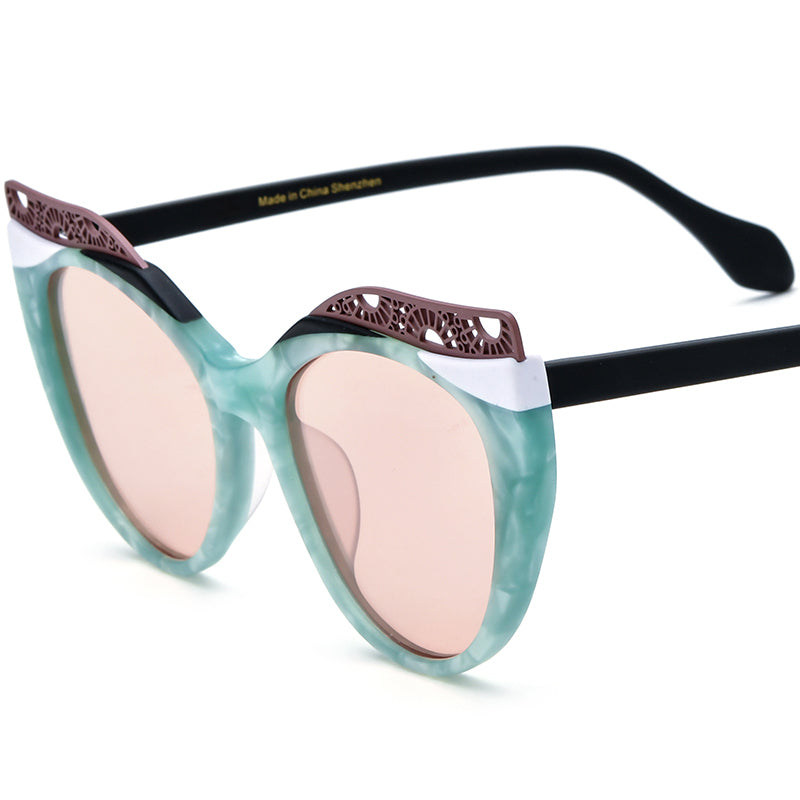 Matte Acetate Cat Eye Sunglasses Big Size Retro - Cyan Pink Lens - MCROONS