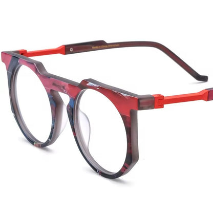 Oversized Round Multicolour Acetate Optical Glasses Frame - Red - MCROONS
