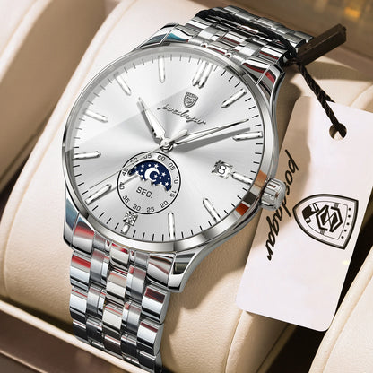 Poedagar 854 Men's Luxury Quartz Watch – Stainless Steel Band, Waterproof, Luminous, Date
