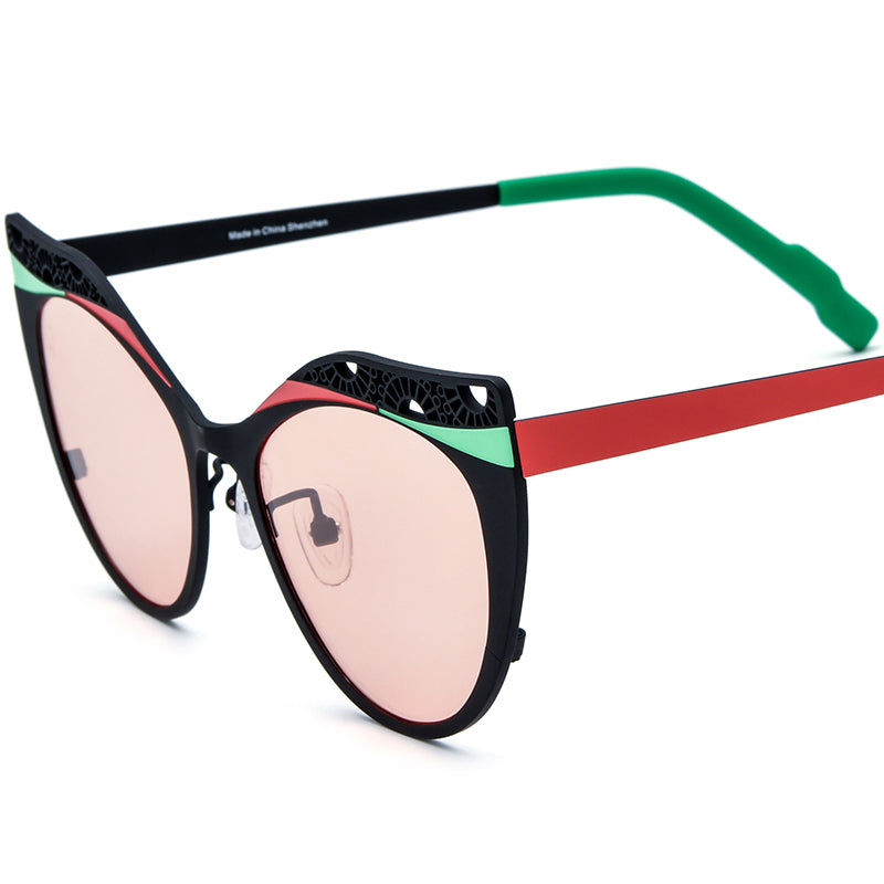 Colourful Titanium Hollow-Out Cat Eye Polarised Sunglasses - Black Red Frame Pink Lens - MCROONS