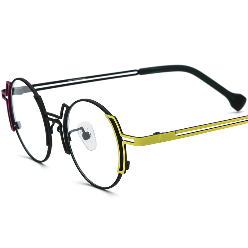 Two-Tone Titanium Round Optical Glasses Frame - Black Yellow - MCROONS