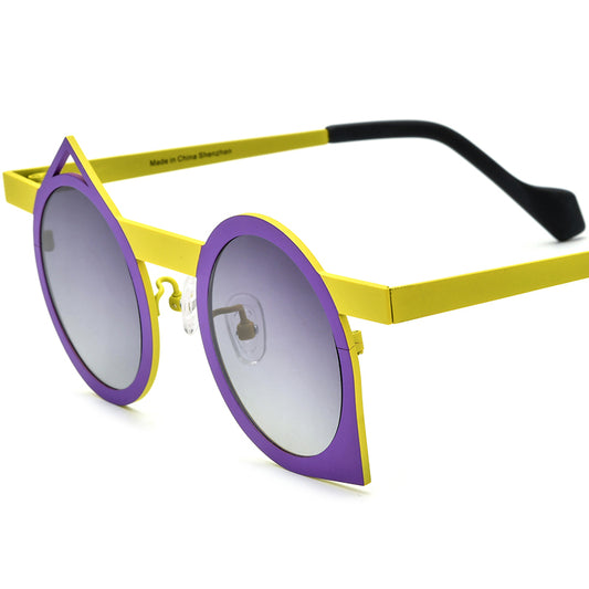 Colourful Titanium Irregular Polarised Sunglasses - Purple Yellow Frame Gradient Gray Lens - MCROONS