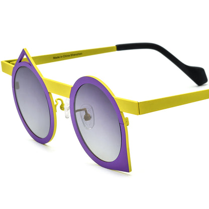 Colourful Titanium Irregular Polarised Sunglasses Retro - Purple Yellow Frame Gradient Gray Lens - MCROONS