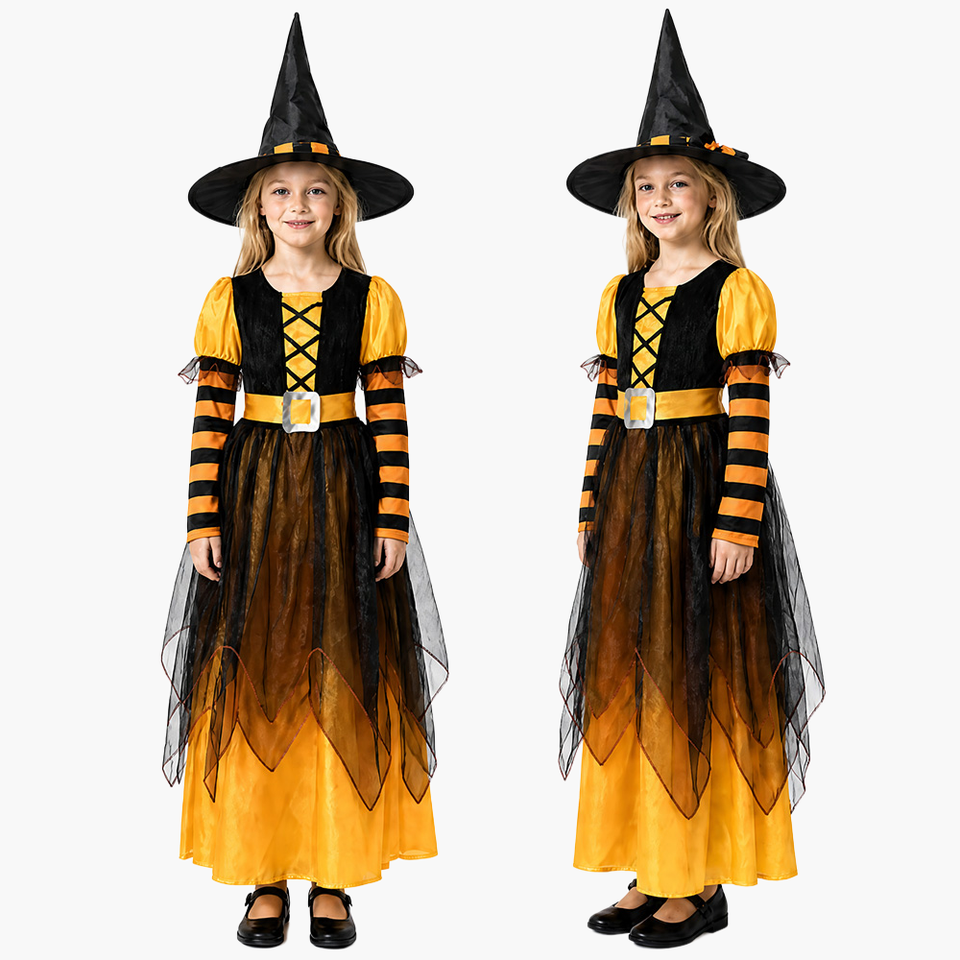 Girls' orange witch costume set by Mcroons with dress and matching hat, perfect for kids' Halloween dress-up.