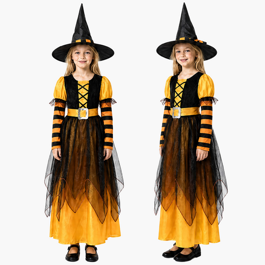 Girls' orange witch costume set by Mcroons with dress and matching hat, perfect for kids' Halloween dress-up.