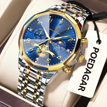 Poedagar 939 Men's Luxury Chronograph Quartz Watch – Stainless Steel Band, Waterproof, Luminous