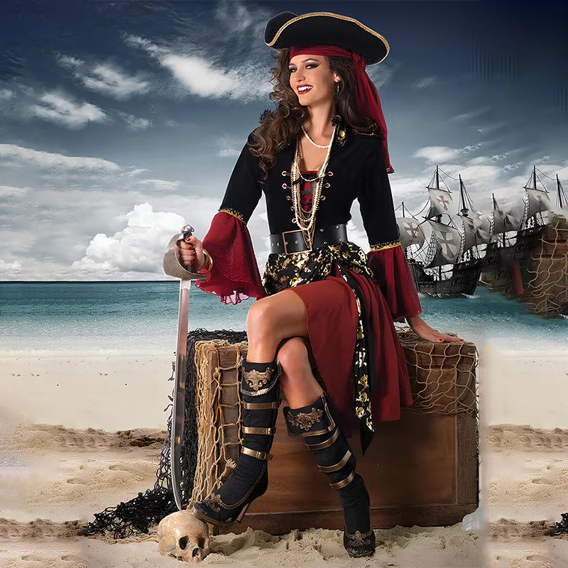 Mcroons Caribbean Pirate costume set featuring a pirate hat, shirt, and accessories for kids or adults.