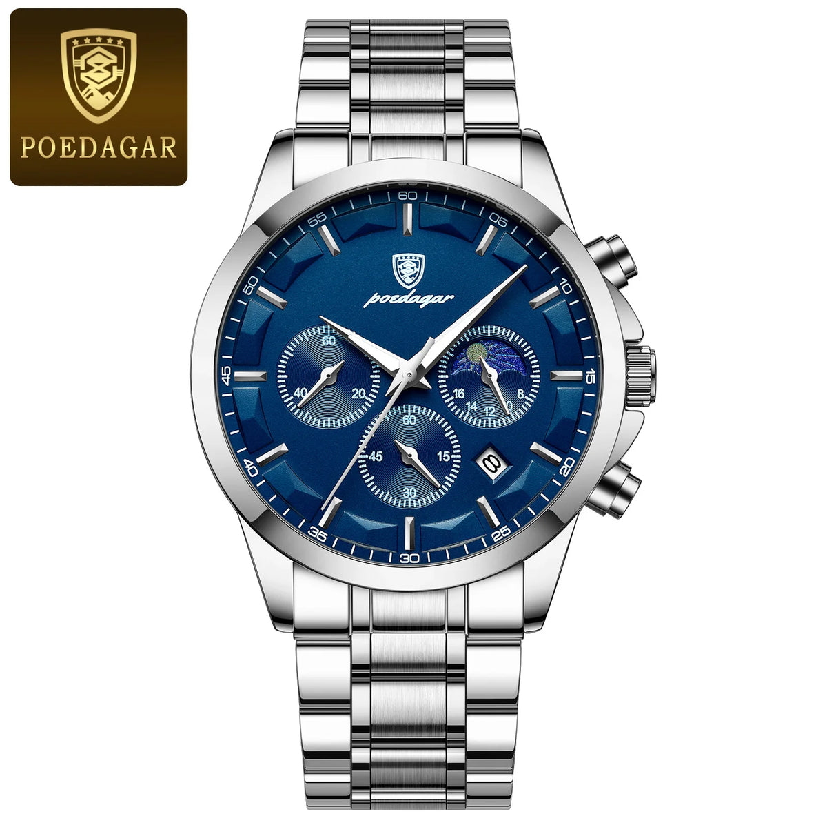 Poedagar 928 Men's Luxury Chronograph Quartz Watch – Stainless Steel Band, Waterproof, Luminous, Date