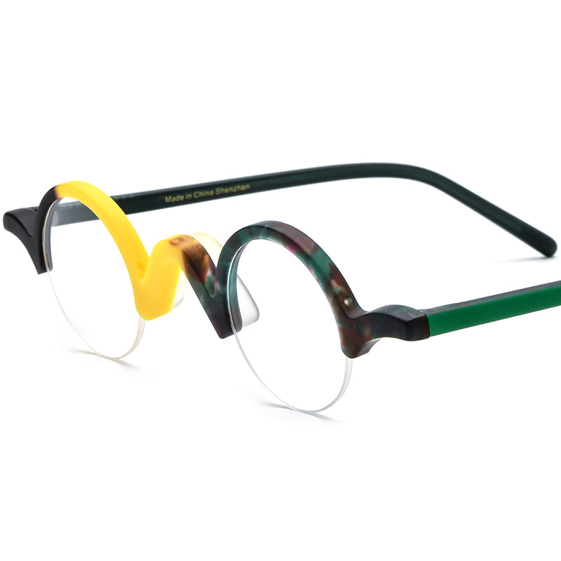 Vintage Small Round Acetate Half-Rim Optical Glasses Frame - Yellow Green - MCROONS