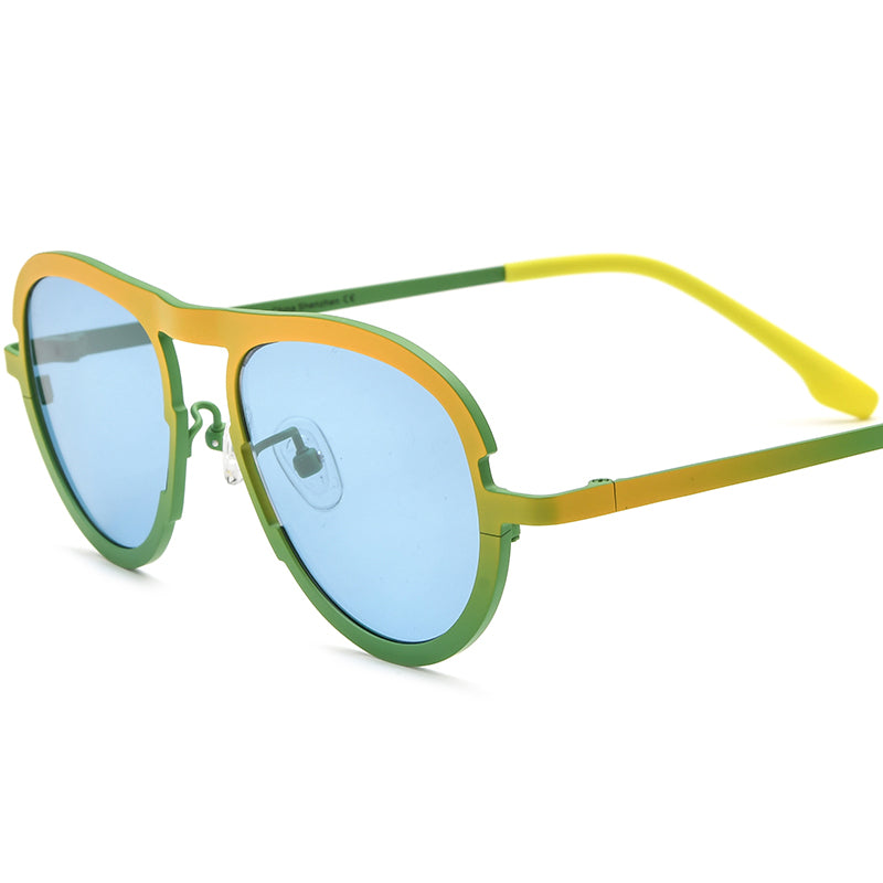 Colourful Titanium Pilot Polarised Sunglasses Retro - Yellow Green Frame Blue Lens - MCROONS