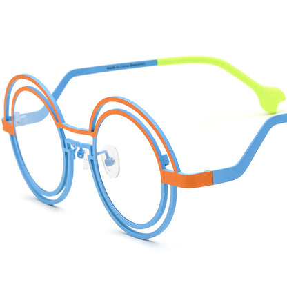 Matte Titanium Double-Ring Round Optical Glasses Frame - Matte Orange Blue - MCROONS