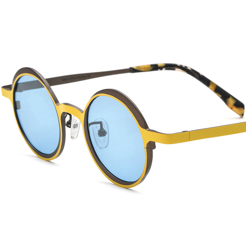 Titanium Round Polarized Sunglasses UV400 Retro - MCROONS - Yellow Brown Blue Lens