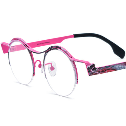 Titanium Semi-Rimless Round Optical Glasses Print - Pink Frame - MCROONS