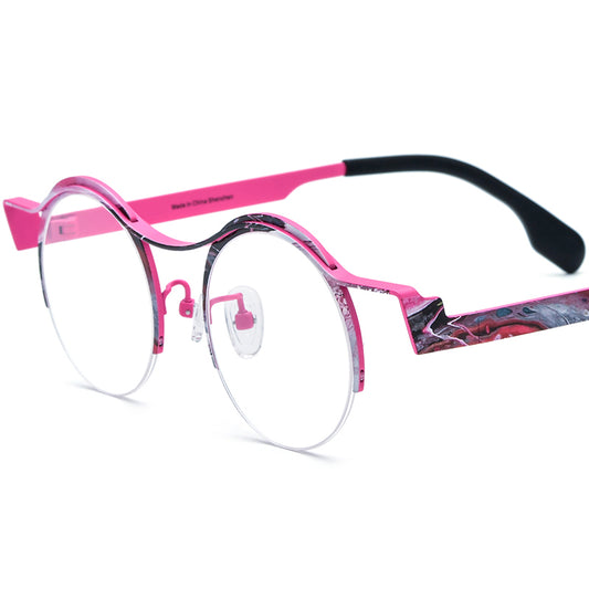 Titanium Semi-Rimless Round Optical Glasses Print - Pink Frame - MCROONS