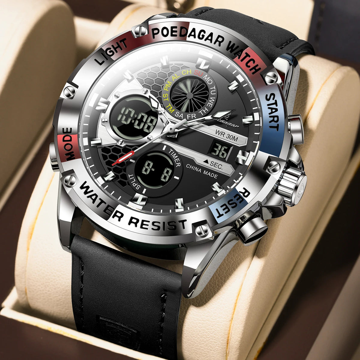 Poedagar E125 Men's Luxury Chronograph Quartz Watch – Genuine Leather Strap, Waterproof, Luminous, Date