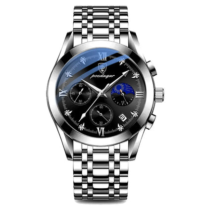 Poedagar 8068 Men's Luxury Quartz Watch – Stainless Steel Band, Waterproof, Luminous, Date