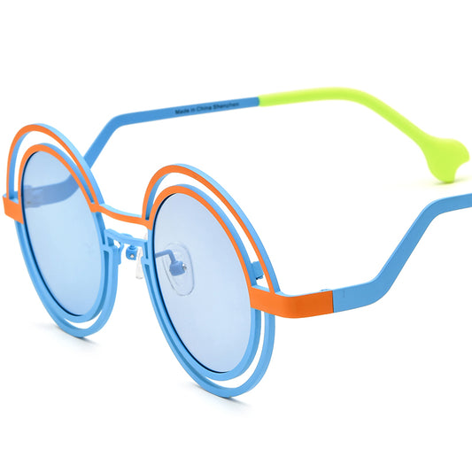 Colourful Titanium Double-Ring Round Polarised Sunglasses - Orange Blue Frame Blue Lens - MCROONS