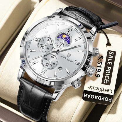 Poedagar 882 Men's Luxury Chronograph Quartz Watch – Leather Strap, Waterproof, Luminous, Date