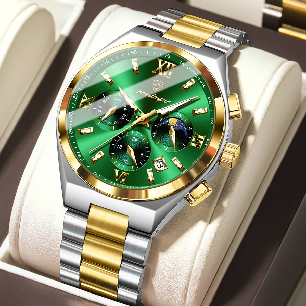 Poedagar 688 Men's Luxury Chronograph Quartz Watch – Stainless Steel Band, Waterproof, Luminous, Date