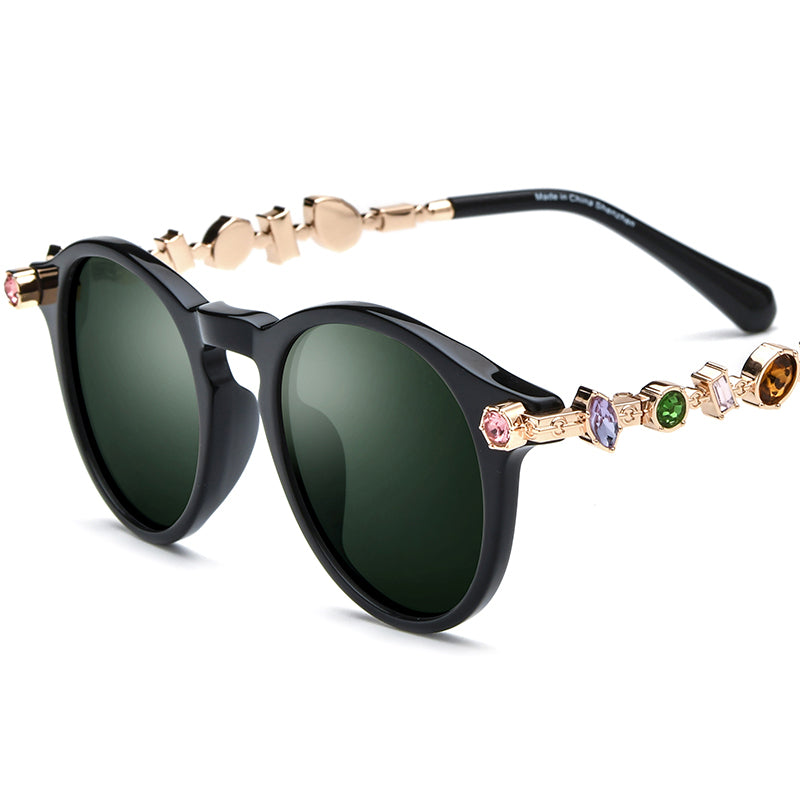 Luxury Round Acetate Polarized Sunglasses with Gem Trim UV400 - Black Gold Dark Green Lens - MCROONS