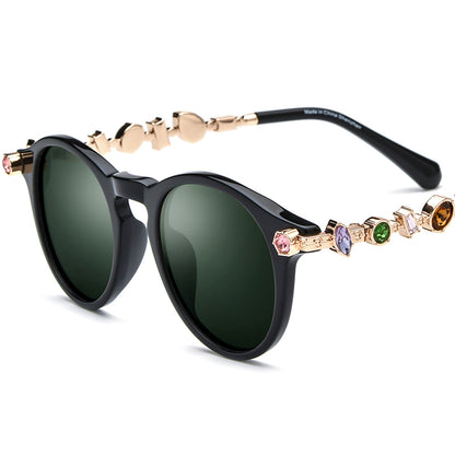 Luxury Round Acetate Polarized Sunglasses with Gem Trim UV400 - Black Gold Dark Green Lens - MCROONS
