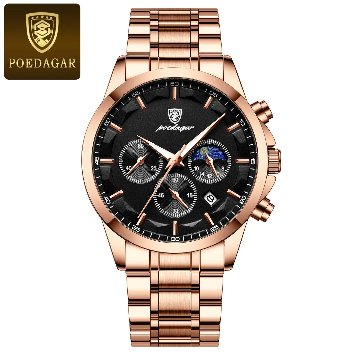 Poedagar 928 Men's Luxury Chronograph Quartz Watch – Stainless Steel Band, Waterproof, Luminous, Date