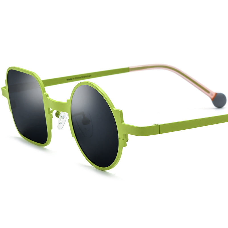 Asymmetric Titanium Square Round Polarised Sunglasses Vintage - Cyan Grey Lens - MCROONS