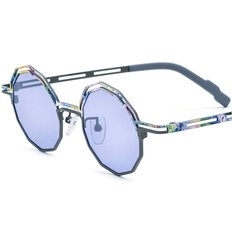 Print Titanium Polygon Sunglasses - Gray - MCROONS