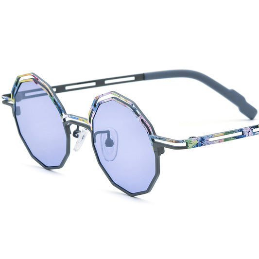 Print Titanium Polygon Sunglasses - Gray - MCROONS