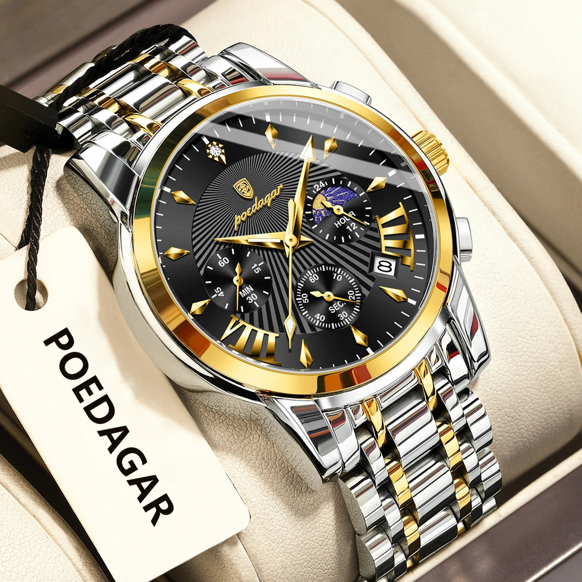 Poedagar 813 Men's Luxury Chronograph Quartz Watch – Stainless Steel Band, Waterproof, Luminous, Date