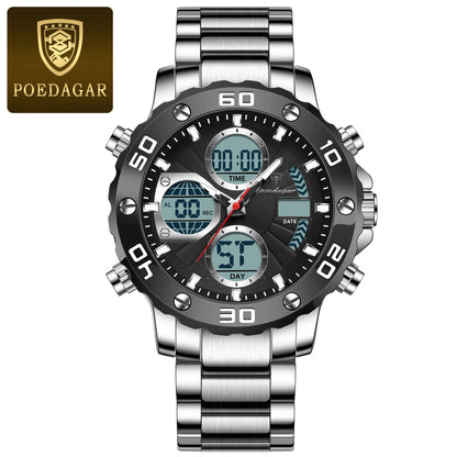 Poedagar E102 Men's Luxury Chronograph Quartz Watch – Stainless Steel Band, Waterproof, Luminous, Date